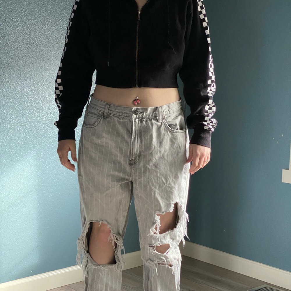 Gray striped denim mom jeans